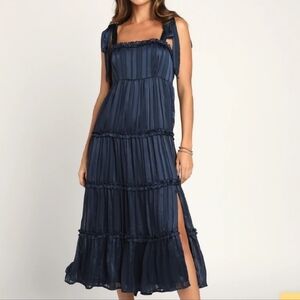 Lulu's Navy Blue Square Neck Tiered Maxi Sundress